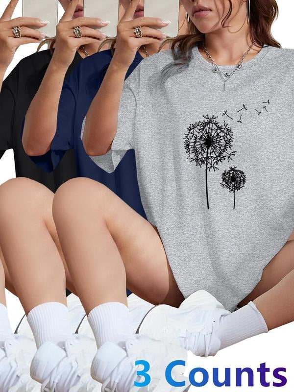 Women's Dandelion Print Round Neck Tee, Casual Basic Short Sleeve T-shirt for Daily Wear, Ladies Clothes for All Seasons, Top