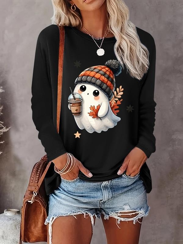 Women's Ghost & Coffee Print Round Neck Tee, Casual Long Sleeve Crew Neck T-shirt for Fall & Winter, Women's Clothes for Daily Wear