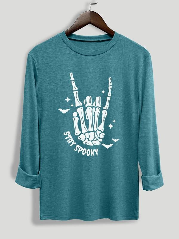 Women's Halloween Themed Graphic Print Round Neck Tee, Fashion Casual Long Sleeve T-shirt for Daily Outdoor Wear, Women's Tops for Spring Fall