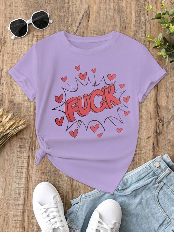 Women's Heart & Letter Print Round Neck Tee, Fashion Trendy Casual Comfort Short Sleeve T-Shirt for Daily Vacation Holiday Wear, Ladies All Seasons Outfit