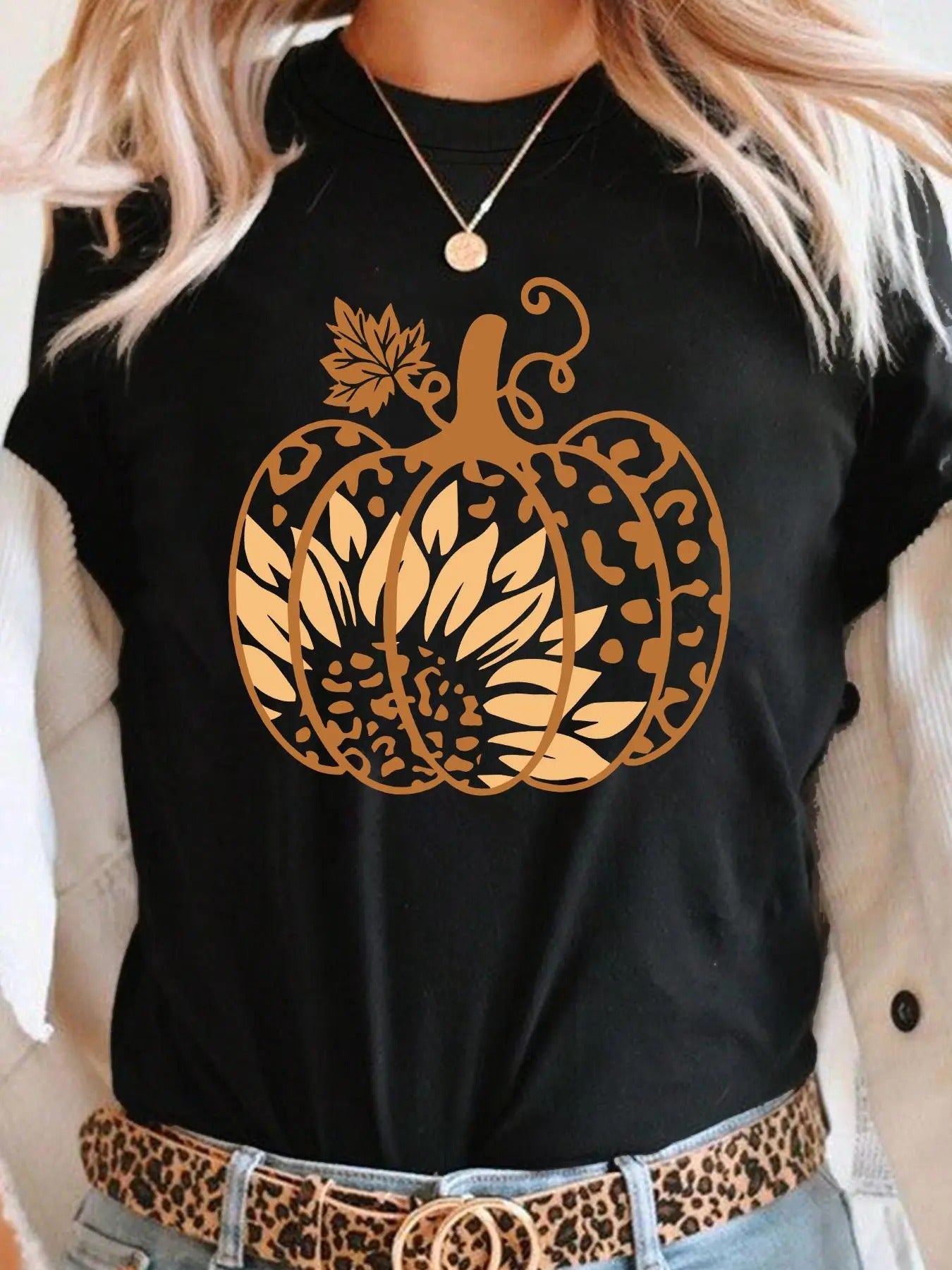 Women's Leopard Pumpkin Print Drop Shoulder Tee, Casual Short Sleeve Round Neck T-shirt for All Seasons, Women's Top for Daily Wear