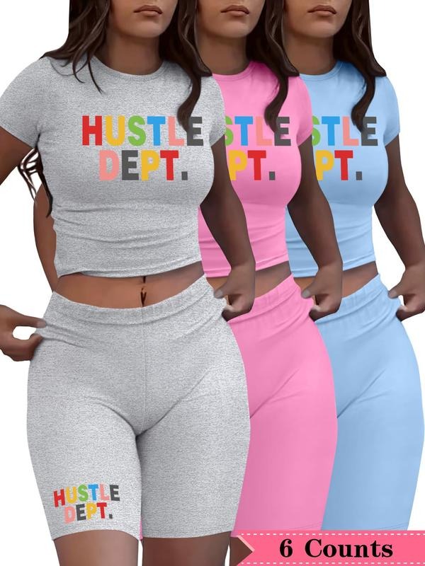 Women's Letter Print Crop Tee & Skinny Shorts Set, Casual Fashion Cozy Breathable Two-piece for Daily Outdoor Wear, Ladies Clothes for All Seasonsstyle{n002}5