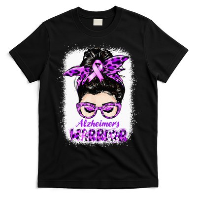 Alzheimers Awareness Purple Alzheimers Warrior Messy Bun T-Shirt