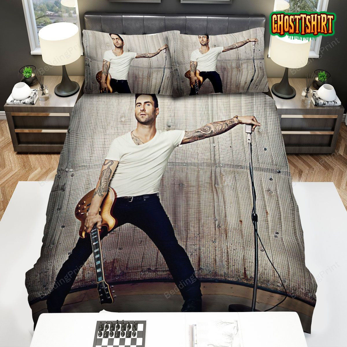 Adam Levine Holding Microphone And Guitar Bed Sheets Spread Duvet Cover Bedding Set