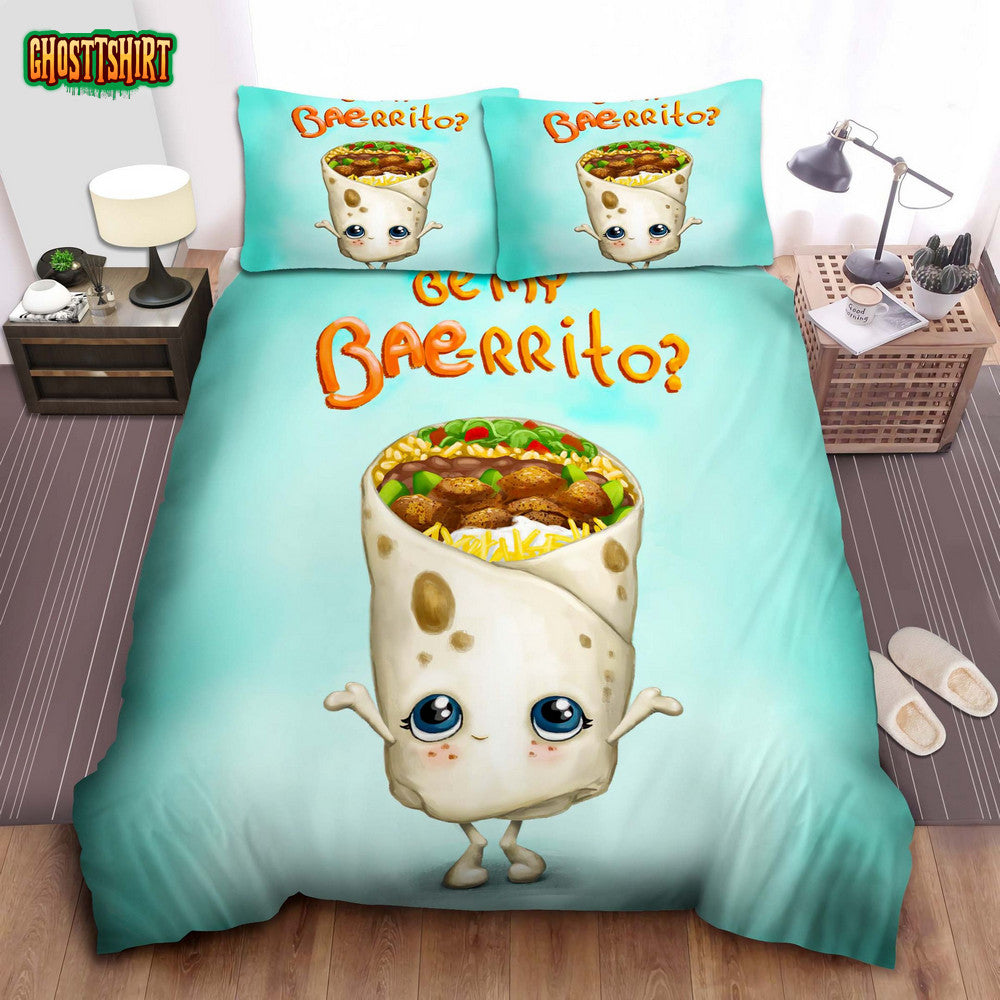 Adorable Burrito Cartoon Be My Bae-Rrito Bed Sheet Spread Comforter Duvet Cover Bedding Set