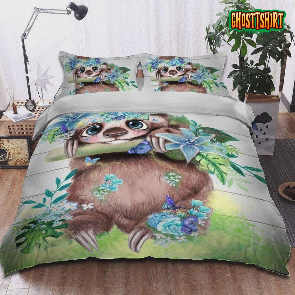 Adorable Sloth With Flowers Bed Sheets Duvet Cover Bedding Set