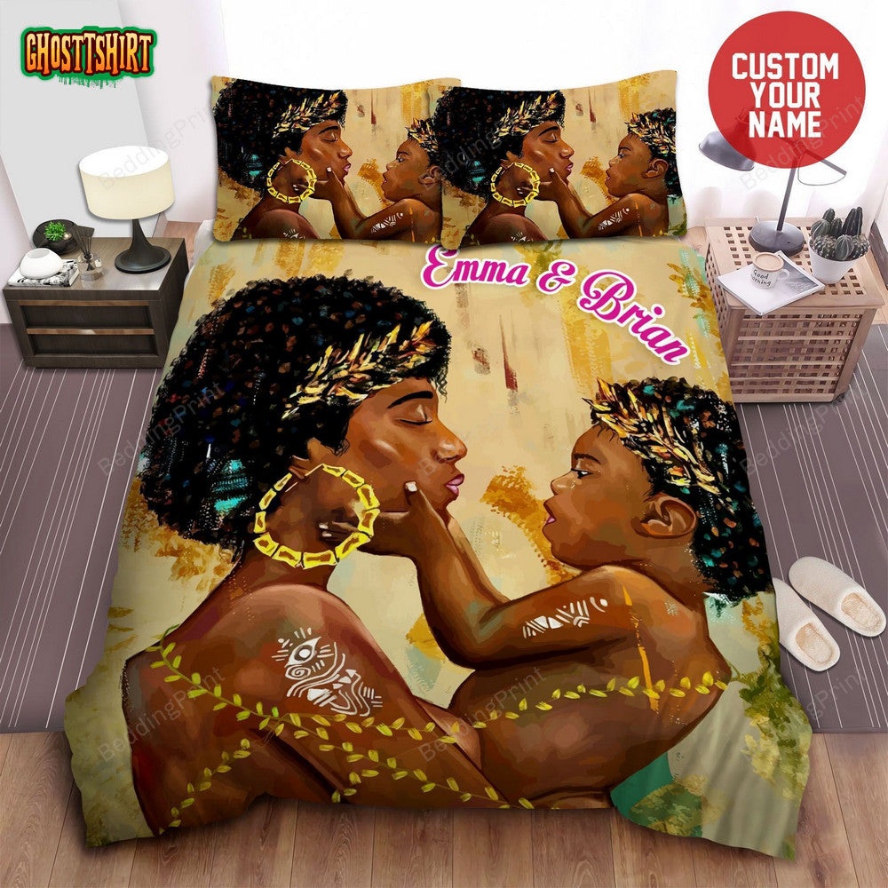 Africa American Woman Black Mom And Son Black Girl Magic Custom Name Duvet Cover Bedding Set