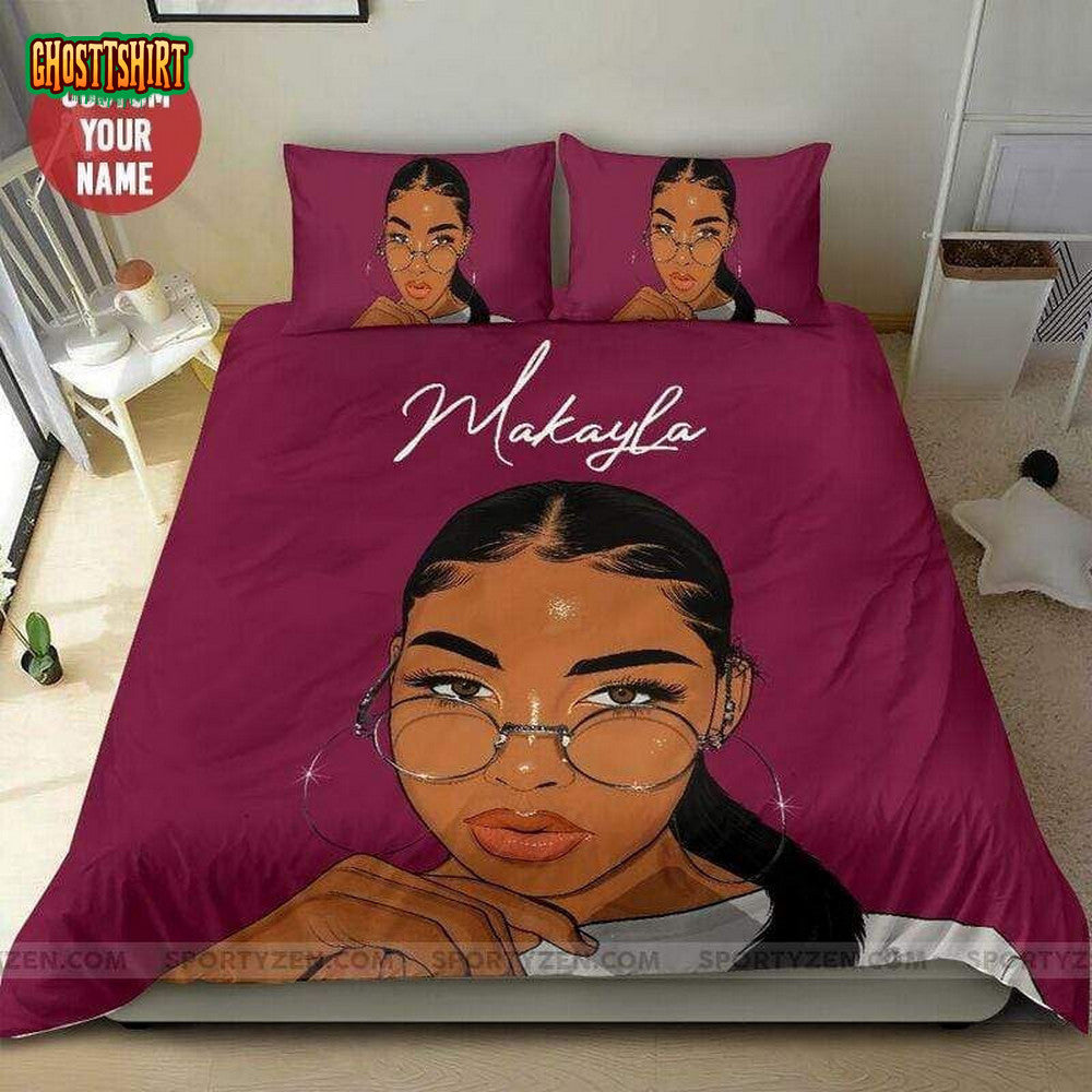 African American Black Girl Circle Earring Bedding Custom Name Duvet Cover Bedding Set