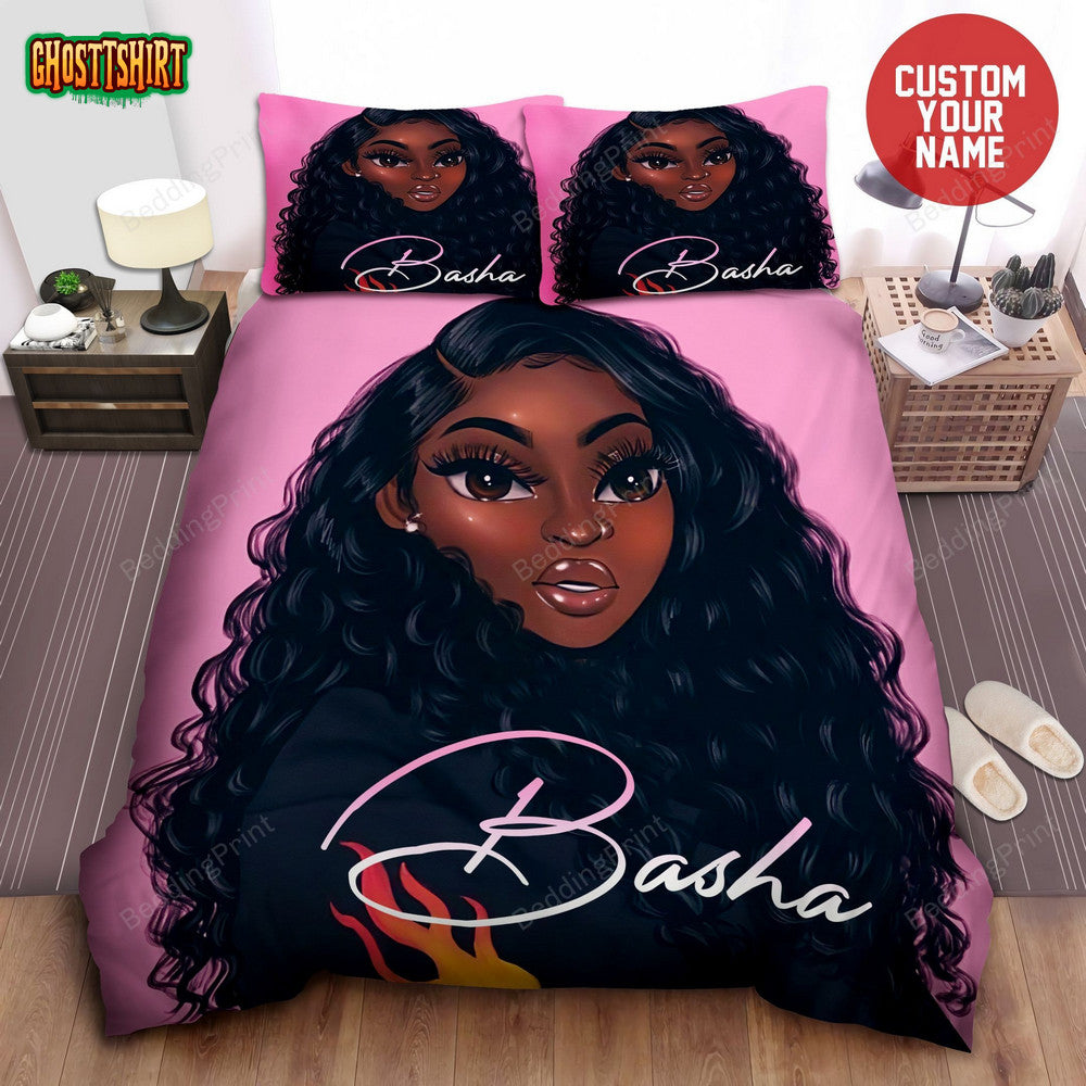 African American Black Girl Long Curly Hair Pink Personalized Custom Name Duvet Cover Bedding Set