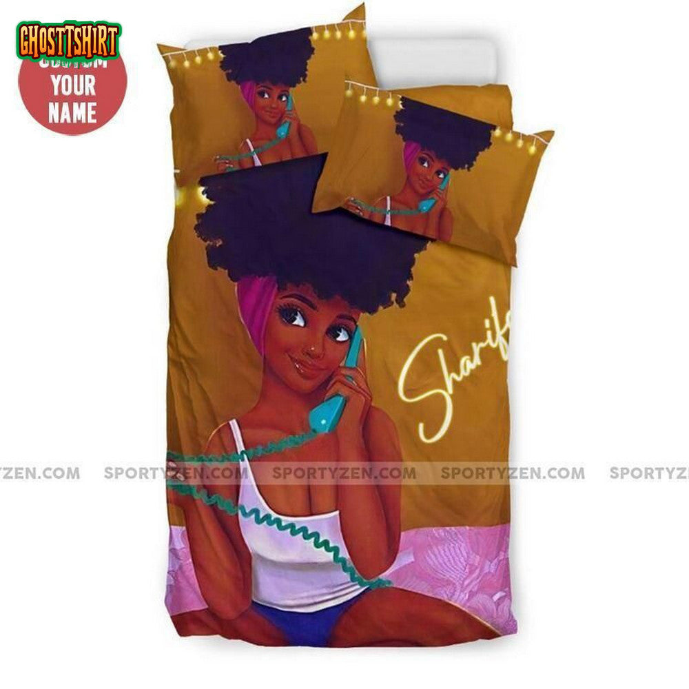 African American Black Girl Telephone Custom Name Duvet Cover Bedding Set
