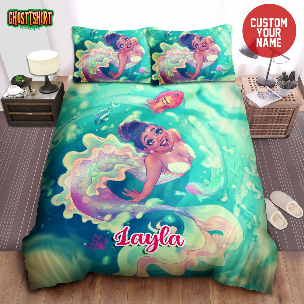 African American Woman Happy Black Mermaid Custom Name Duvet Cover Bedding Set