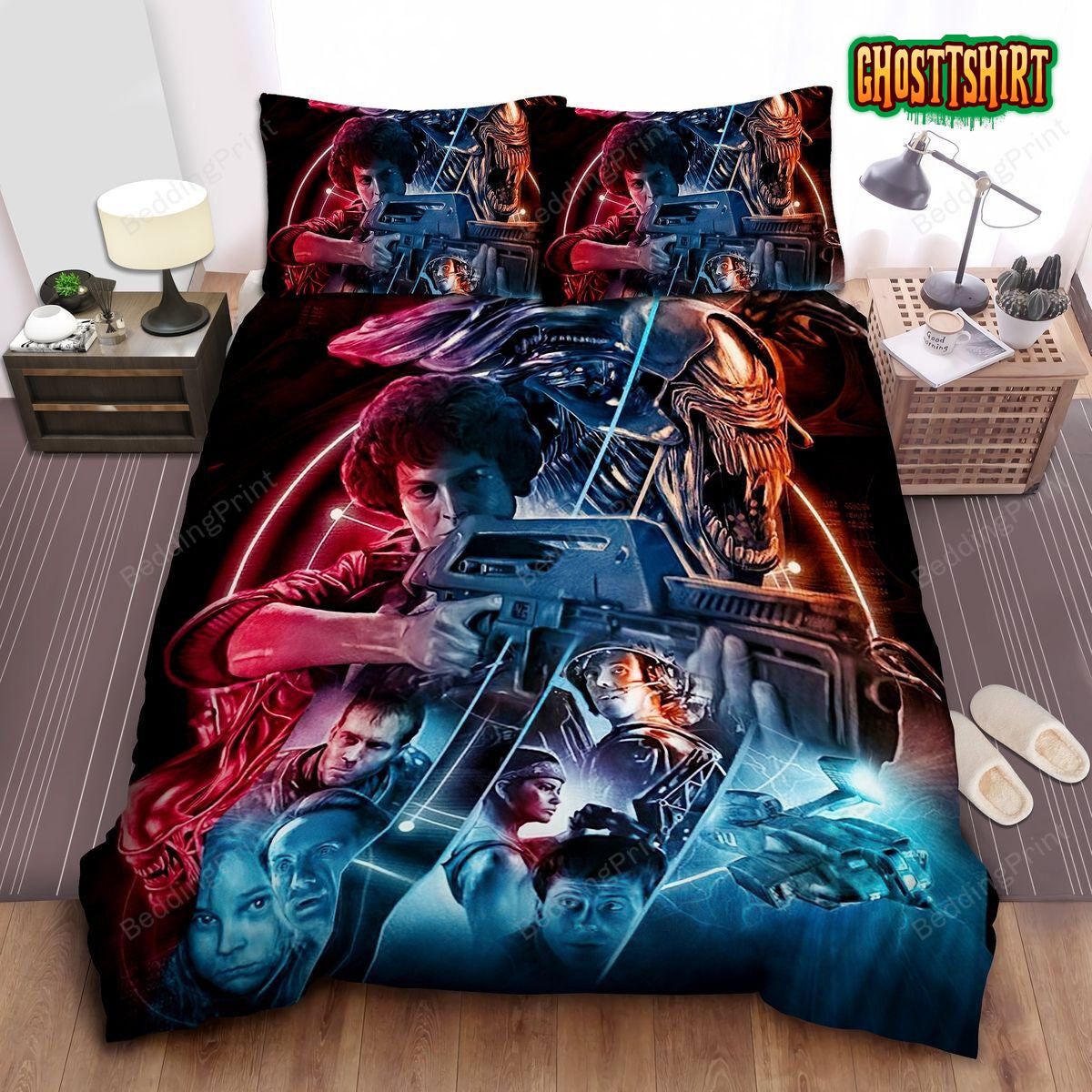 Aliens Poster In Red & Blue Bed Sheets Duvet Cover Bedding Set