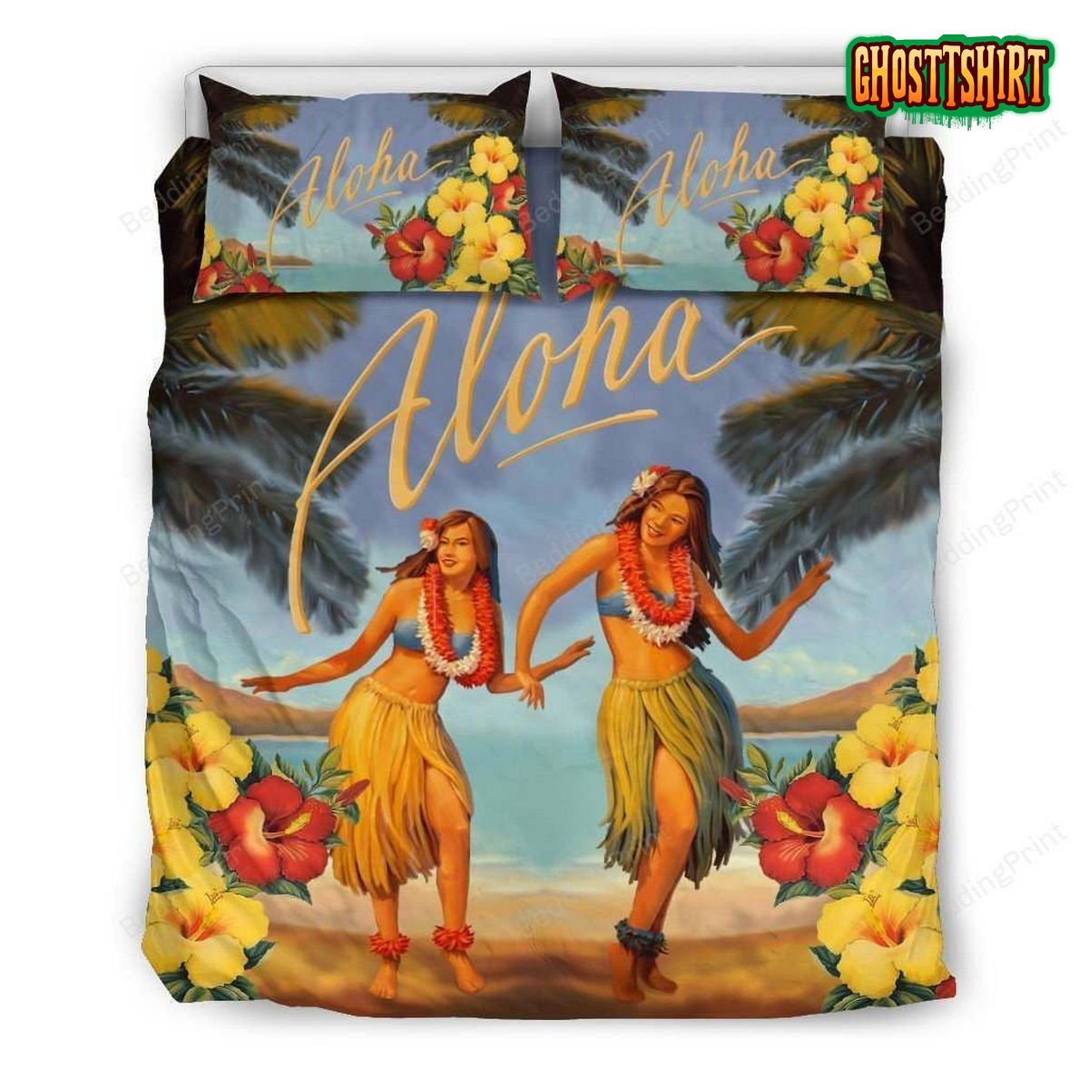 Aloha Hula Dancing Hawaiian Girls By The Beach Bedding Set