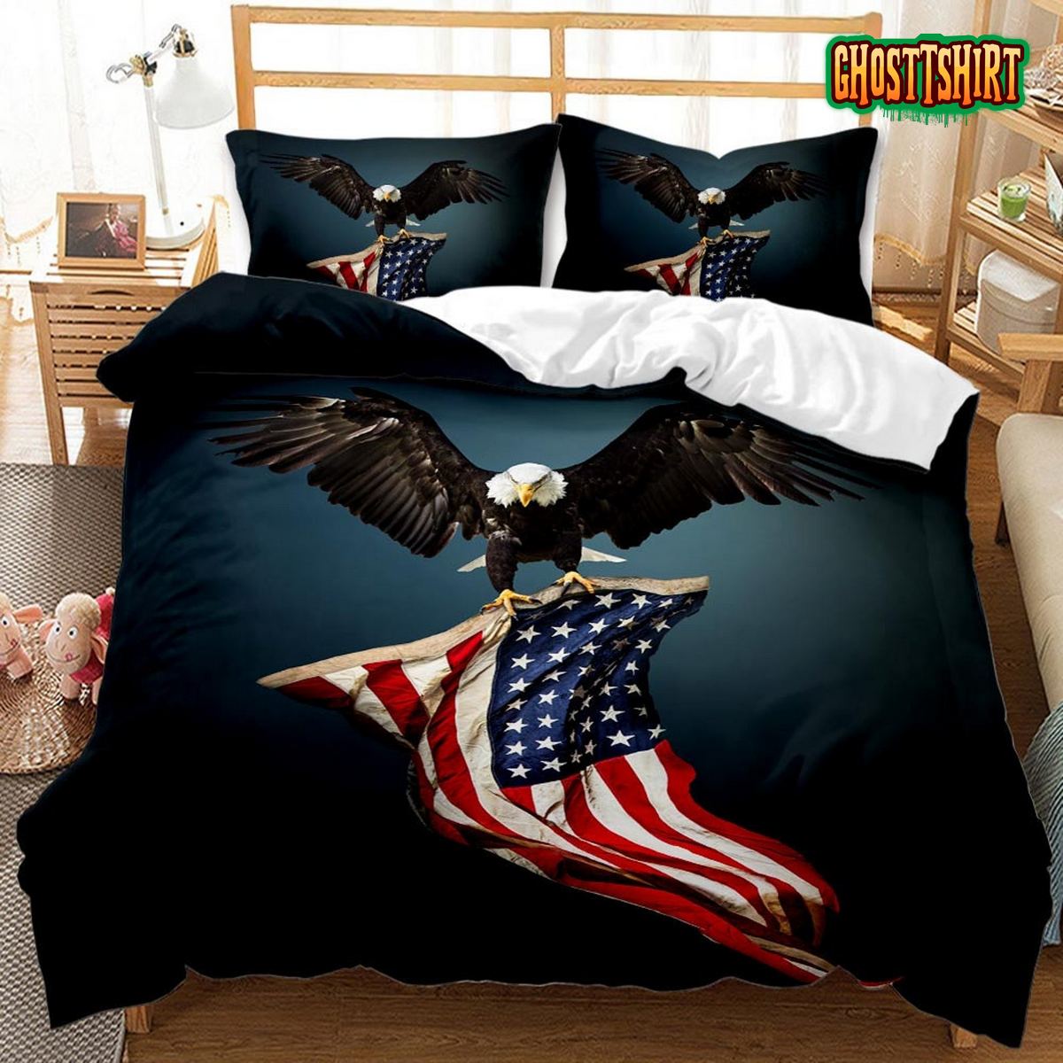 American Flag And Bald Eagle Bed Sheets Spread Duvet Cover Bedding Set