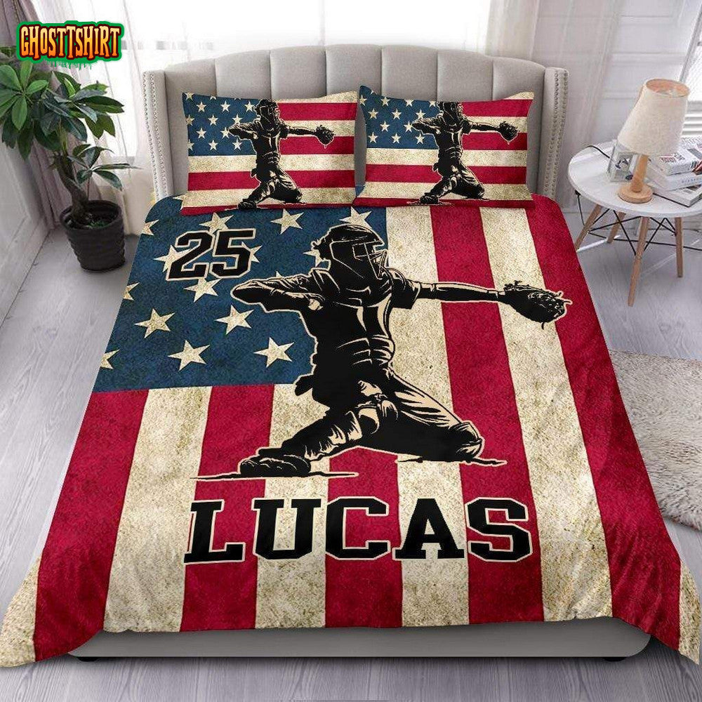 American Flag Baseball Catcher Personalized Custom Name Duvet Cover Bedding Set