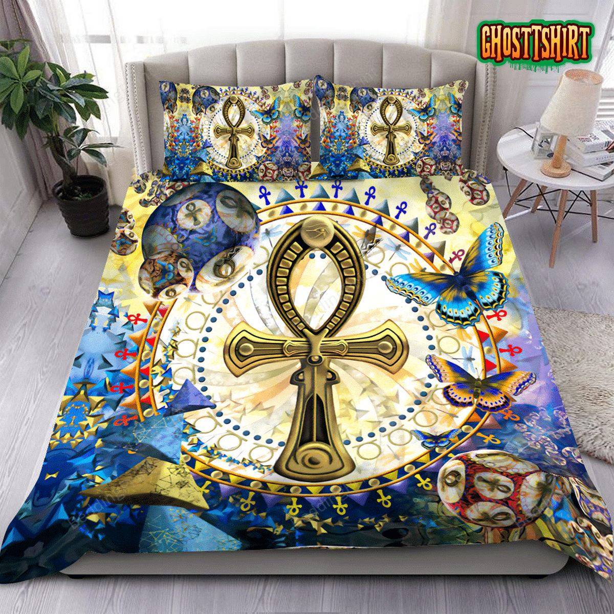 Ancient Egypt Key Of Life And Blue Butterflies Bed Sheets Duvet Cover Bedding Set