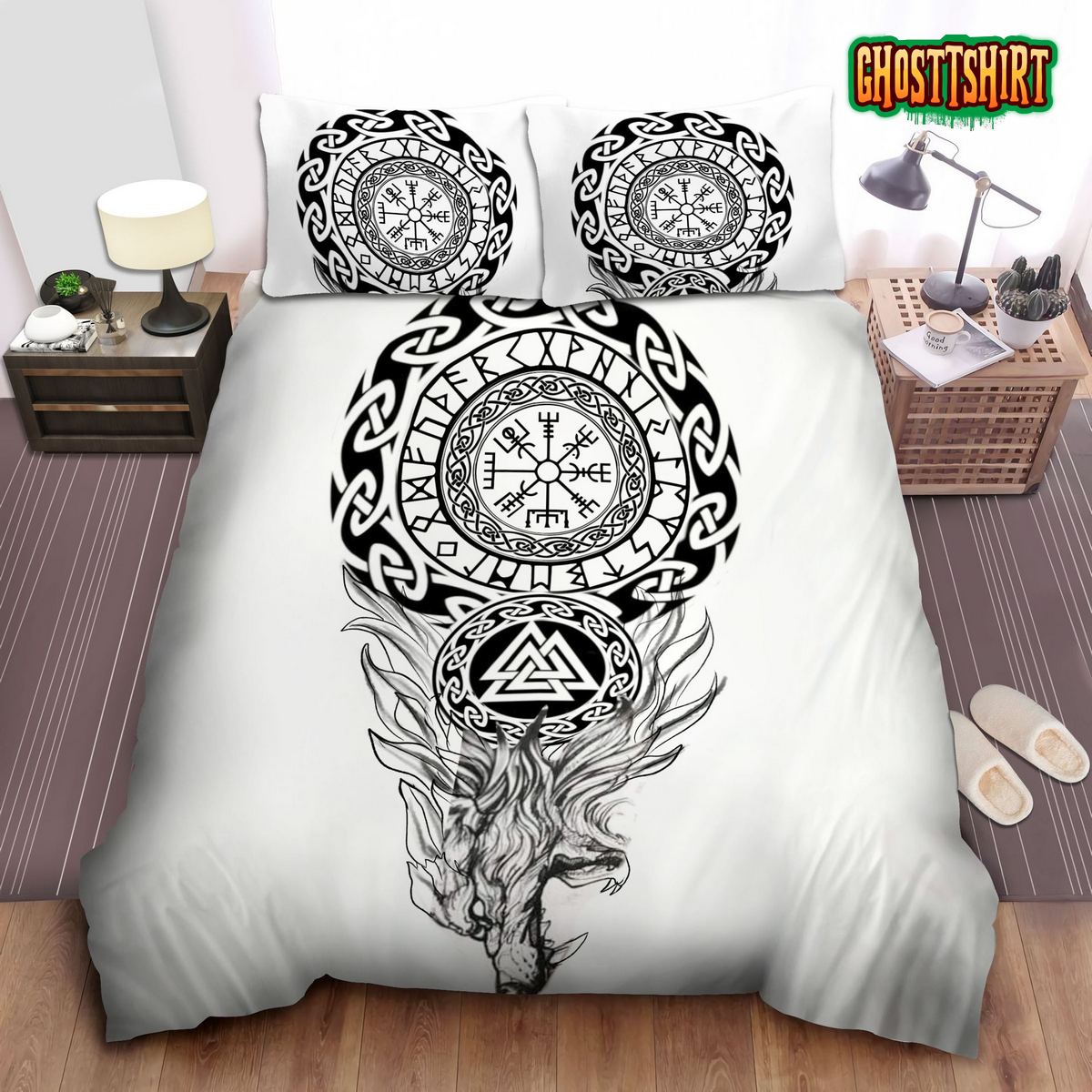Ancient Viking Symbols Of Compass And Wolves And Bed Sheets Duvet Cover Bedding Set