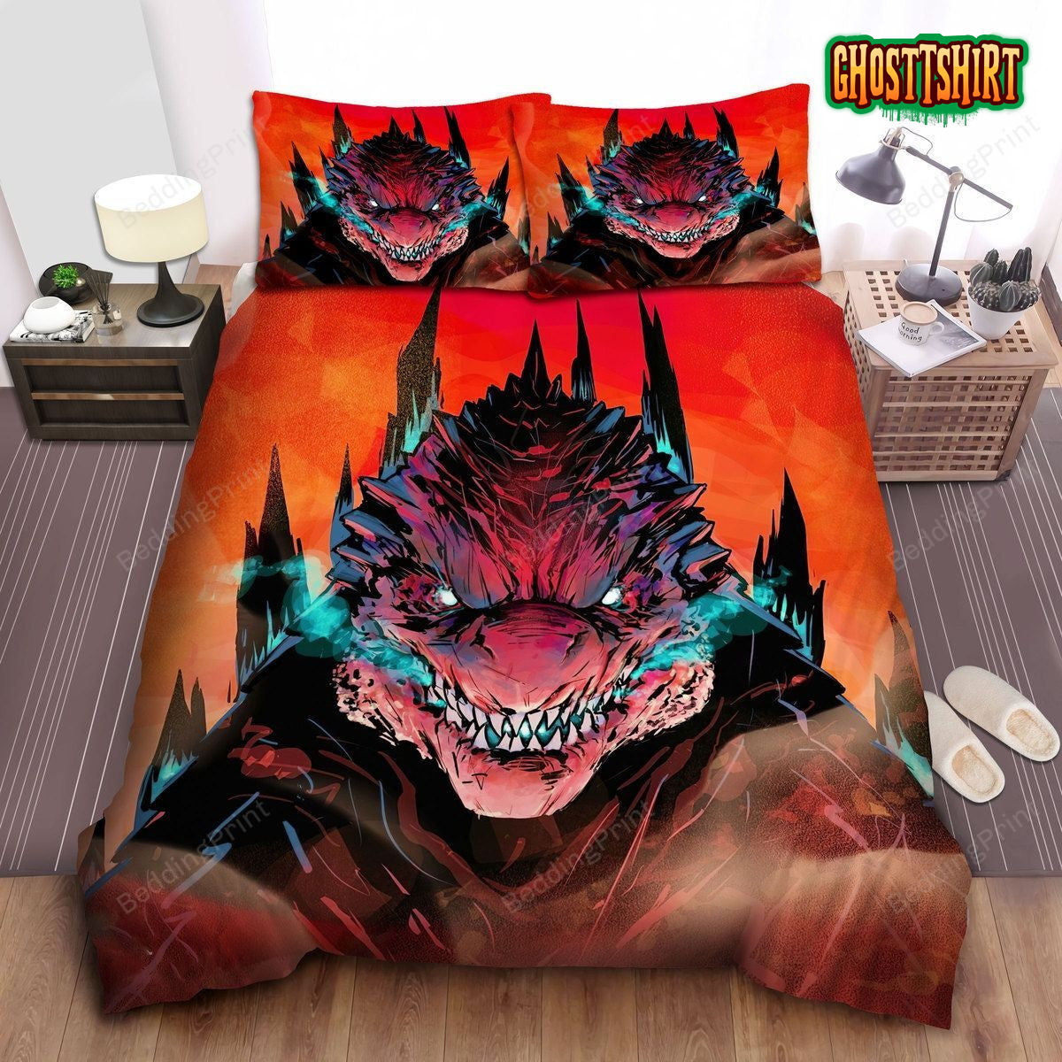Angry Godzilla In Digital Drawing Portrait Bed Sheets Duvet Cover Bedding Set