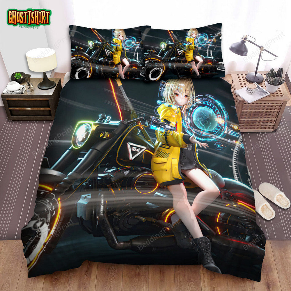 Anime Biker Girl Lean On His Bike 3D Illustration Bed Sheets Spread Duvet Cover Bedding Set