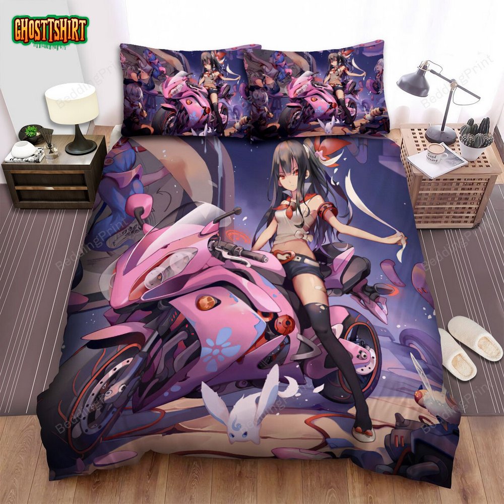 Anime Highschool Biker Girl On Pink Motorcycle Bed Sheets Spread Duvet Cover Bedding Set