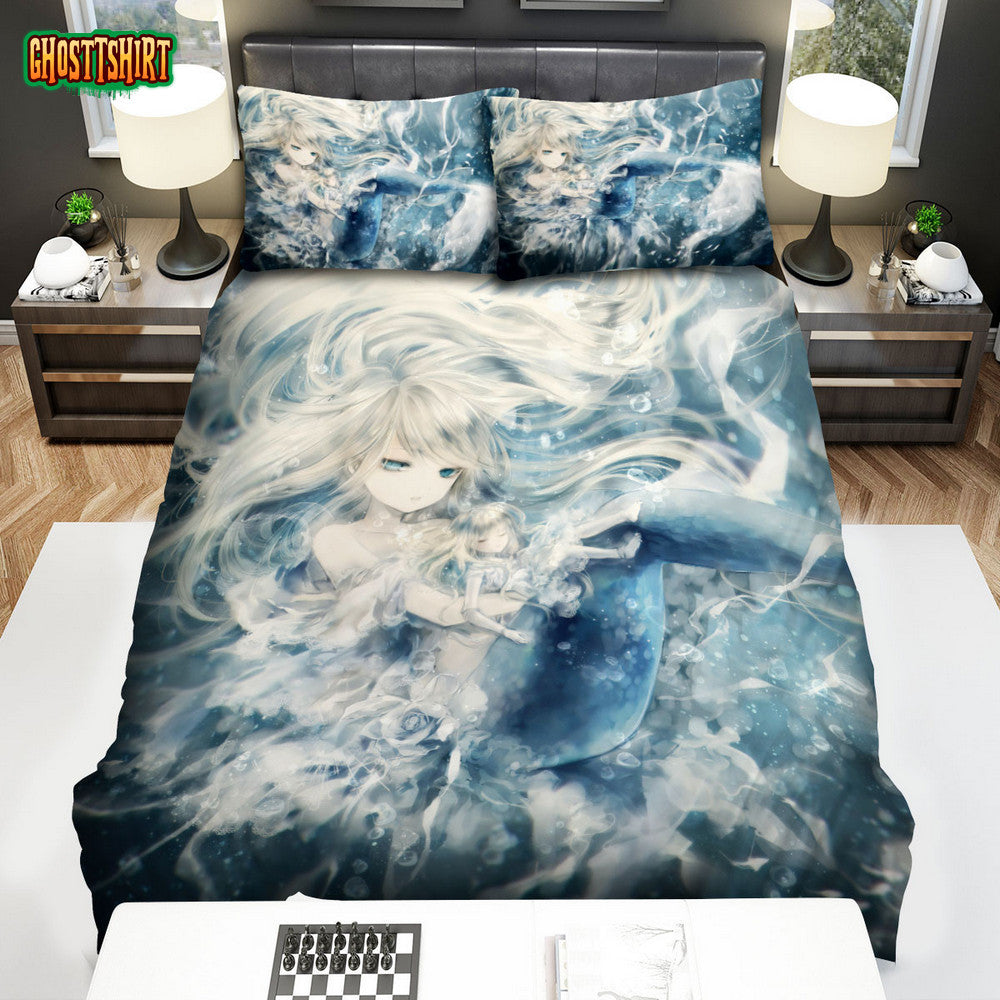 Anime Mermaid & Her Doll Artwork Bed Sheets Spread Duvet Cover Bedding Set