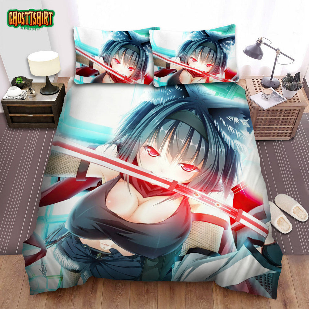 Anime Ninja Girl Holding Katana In Her Mouth Bed Sheets Spread Duvet Cover Bedding Set