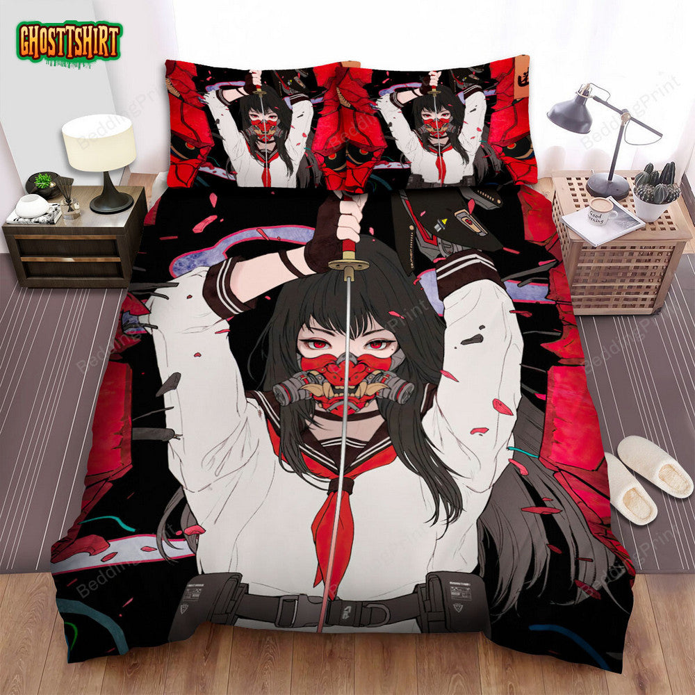 Anime Samurai High School Girl With Katana Bed Sheets Spread Duvet Cover Bedding Set