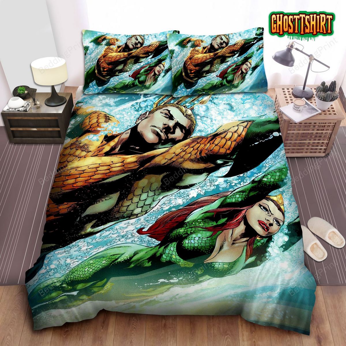 Aquaman And Queen Mera Comic Art Bed Sheets Duvet Cover Bedding Set
