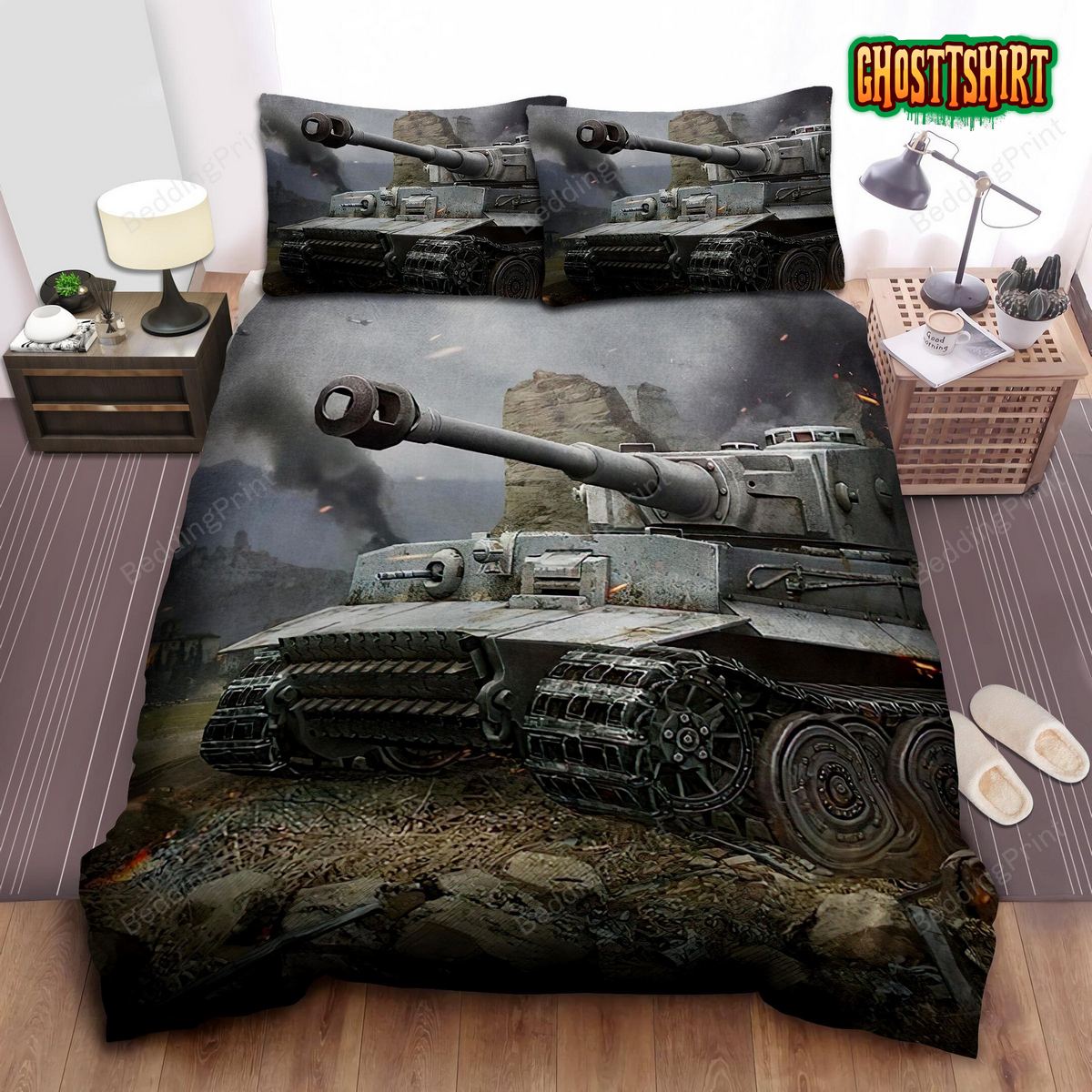 Army Battle Tank Illustration Bed Sheets Spread Duvet Cover Bedding Set