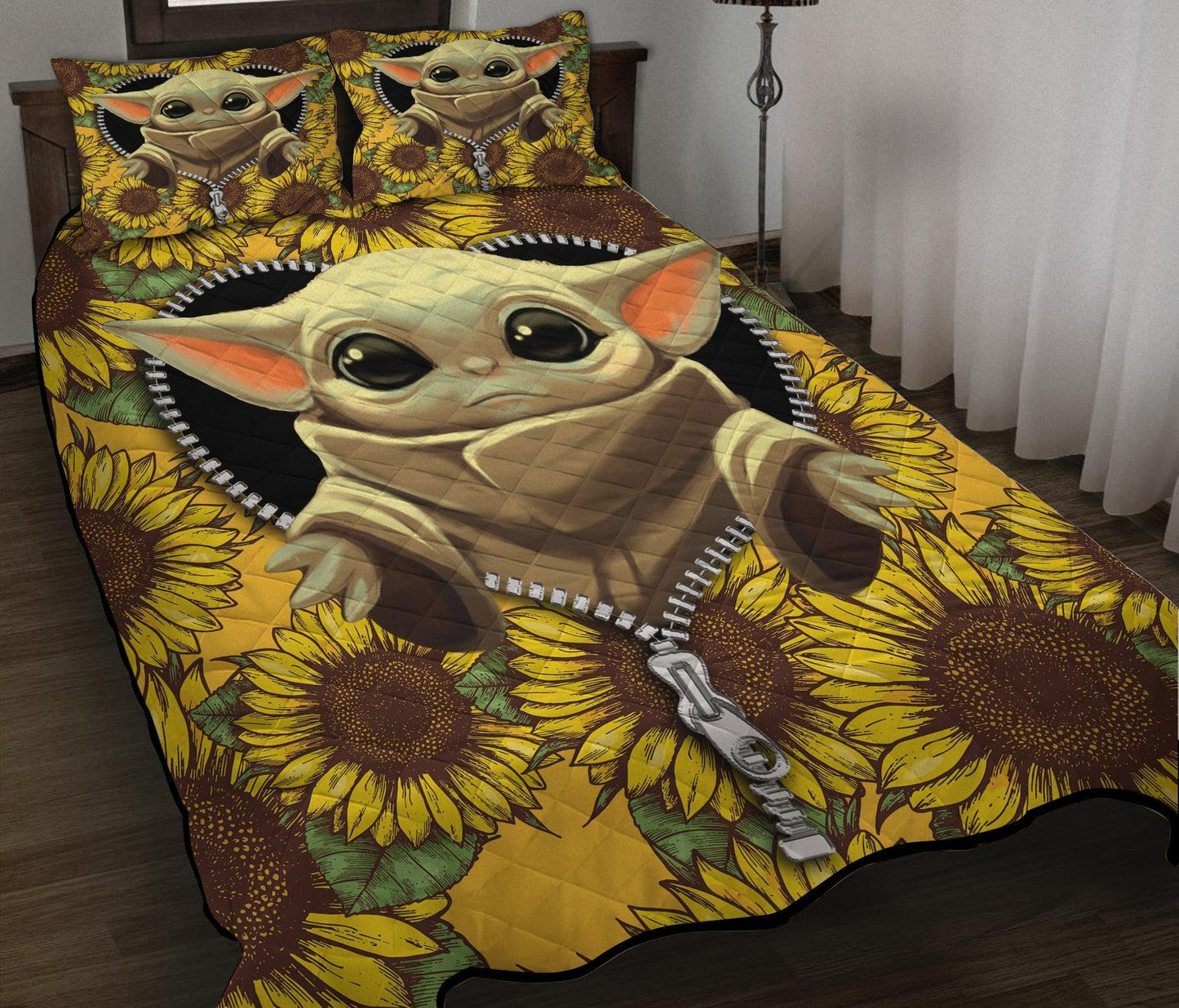 Personalized Baby Yoda Sunflower 3-pc Quilt Bedding Set for Kids and Nursery Decor