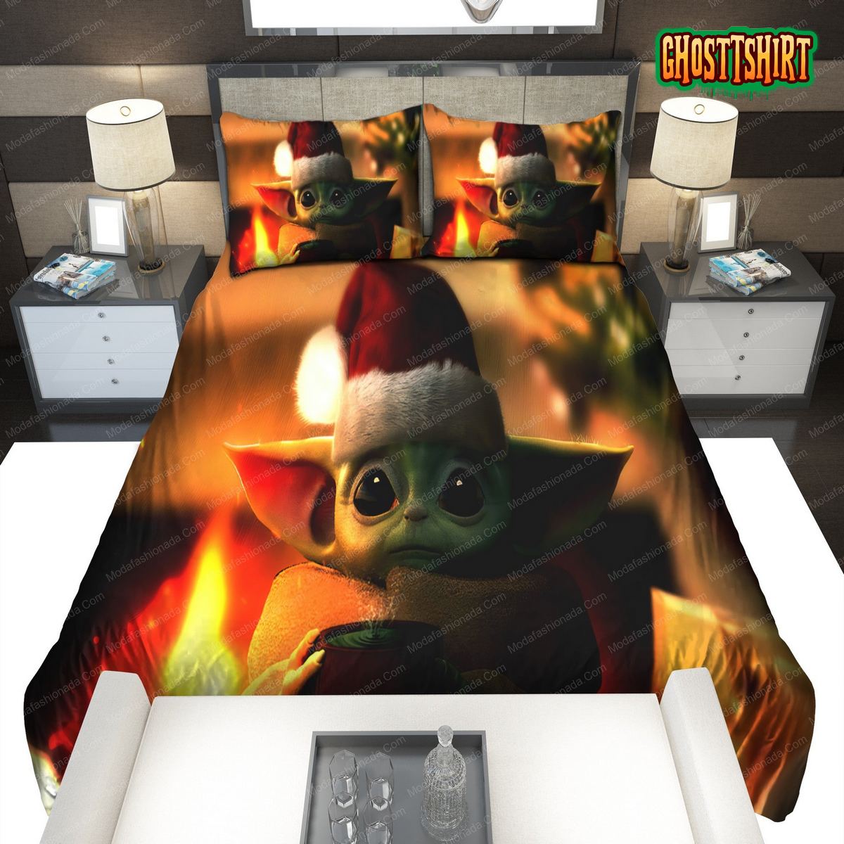 Baby Yoda Wearing A Santa Claus Hat Bedding Set