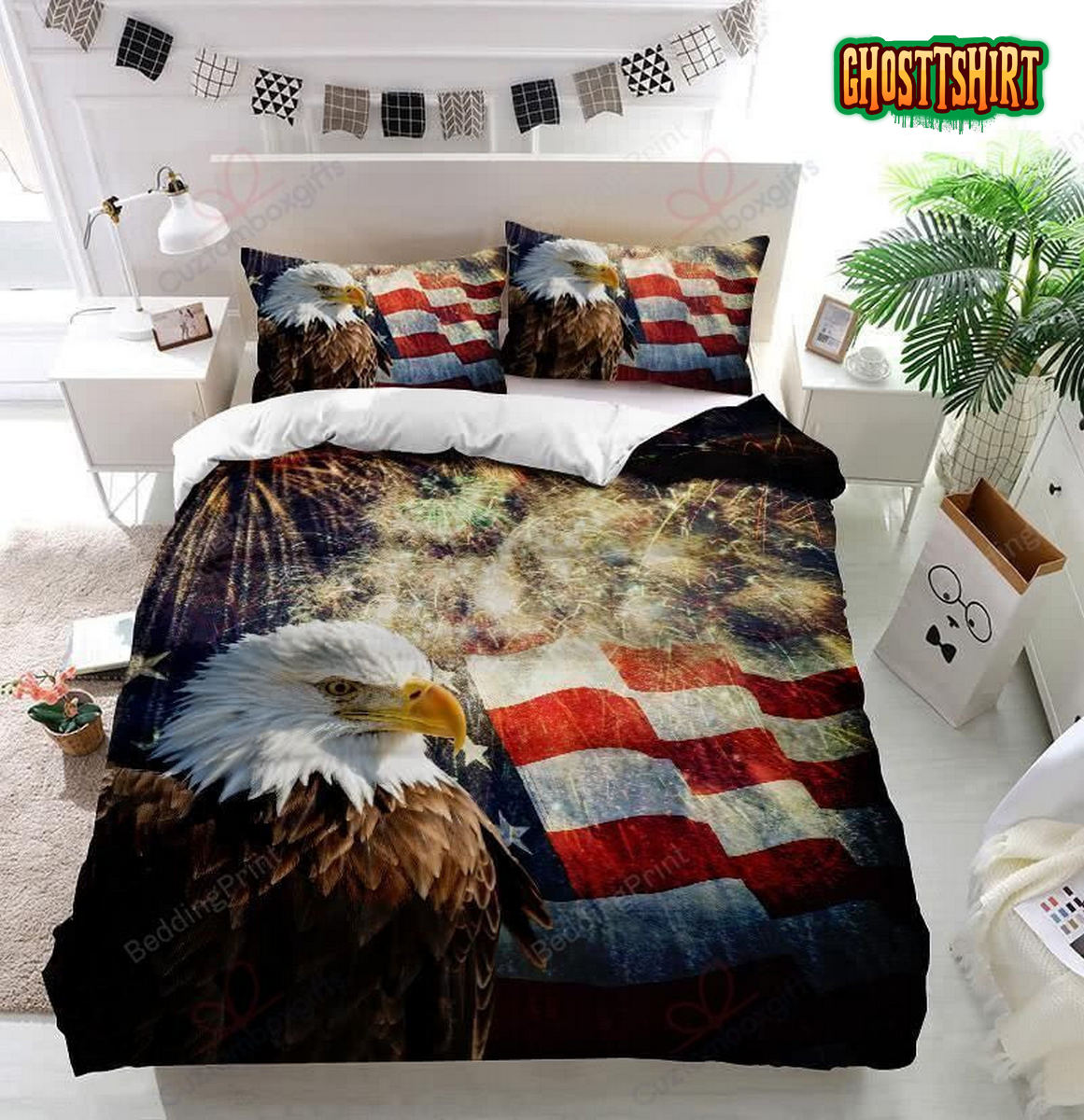 Bald Eagle American Flag Fireworks Bedding Set