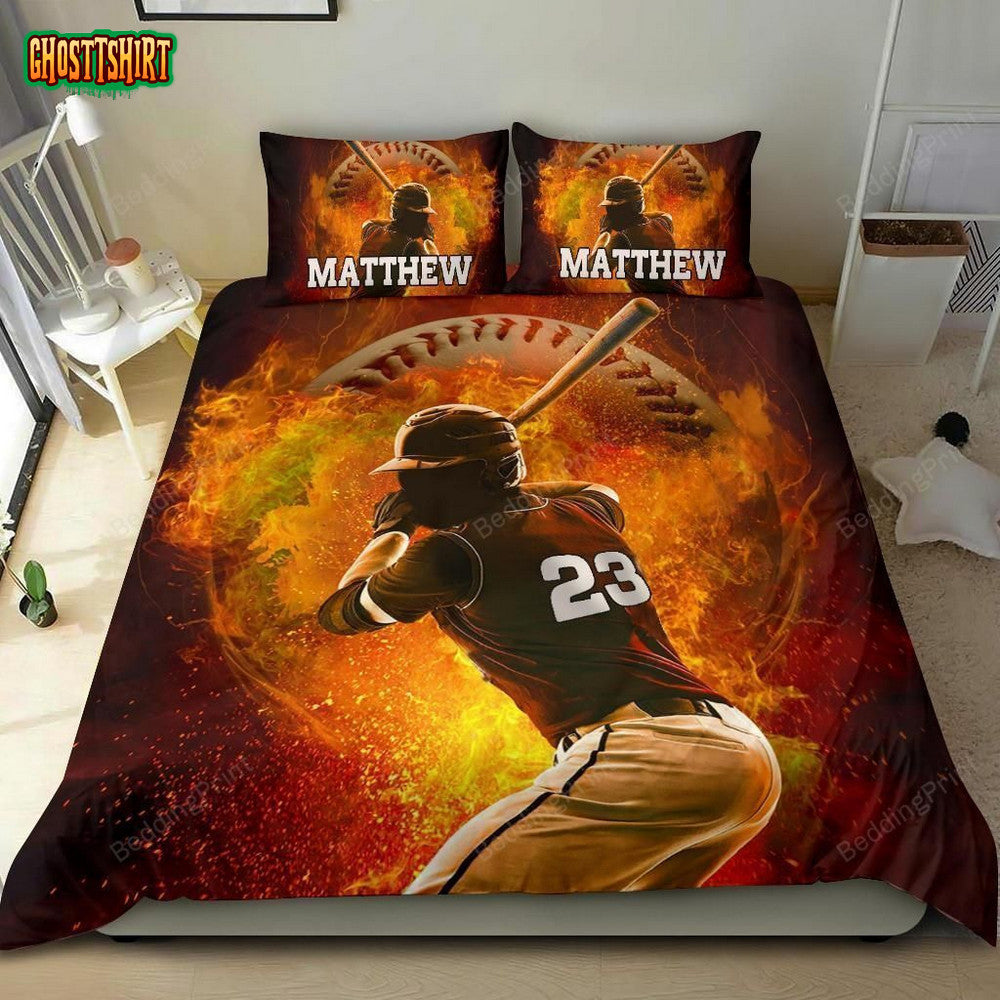 Baseball Fire Personalized Custom Name Duvet Cover Bedding Set