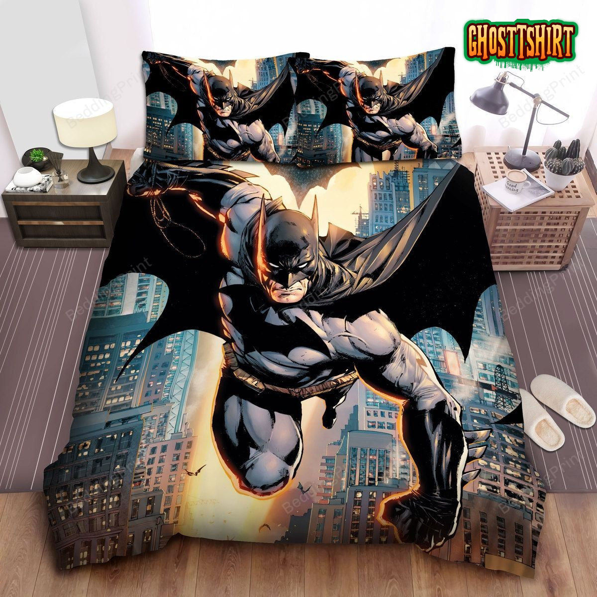 Batman Flying In The City At Sunset Art Bed Sheets Duvet Cover Bedding Set