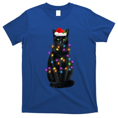 Black Cat Santa Hat Christmas Pajama Lights Cat Lover Xmas Gift T-Shirt