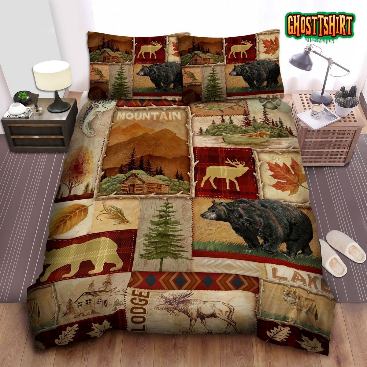 Bear Moose Lodge Collage Bed Sheets Duvet Cover Bedding Set