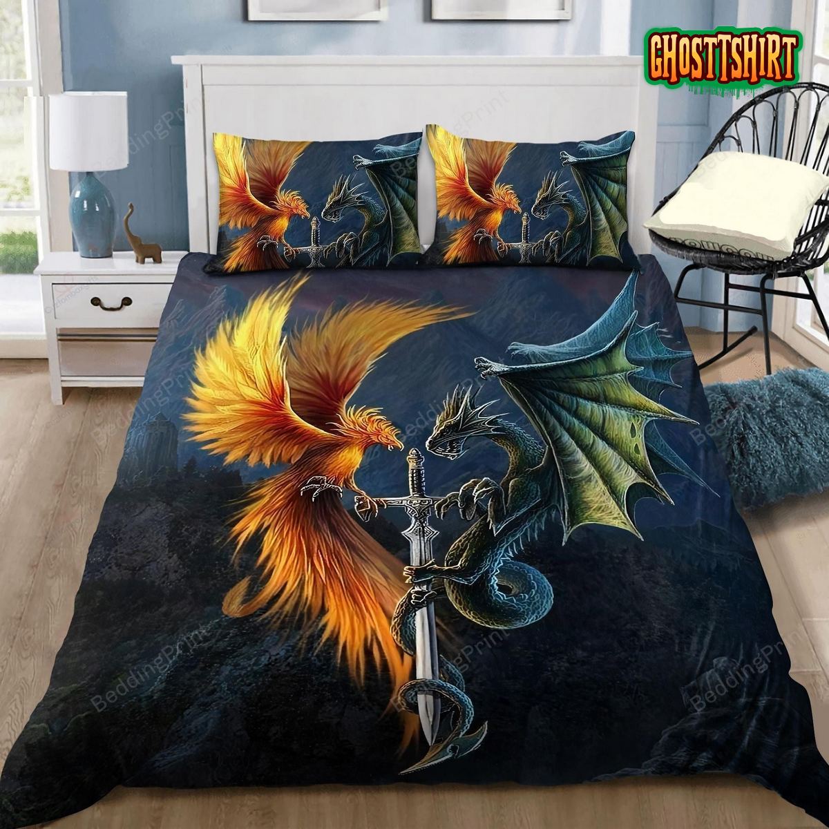 Beautiful Phoenix And Dragon Bed Sheets Duvet Cover Bedding Set