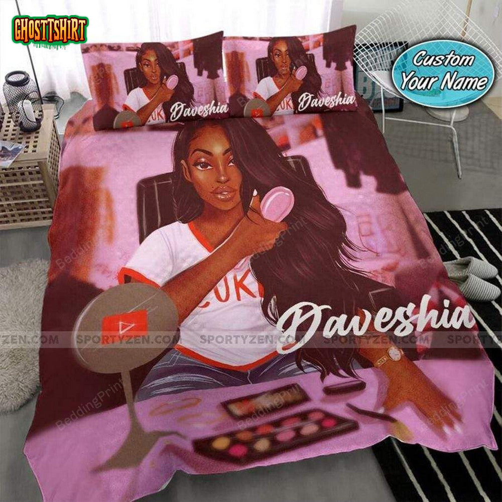 Beauty Queen Girly Pink Black Girl Custom Name Duvet Cover Bedding Set
