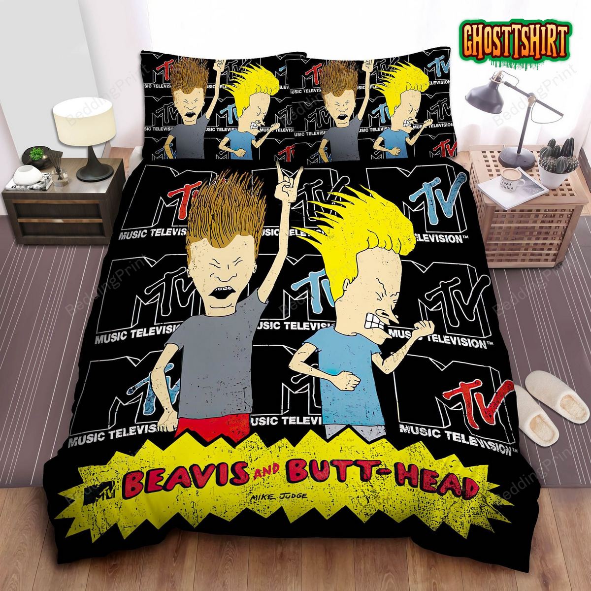 Beavis And Butt-Head Music Banging In Mtv Logo Background Bed Sheets Duvet Cover Bedding Set