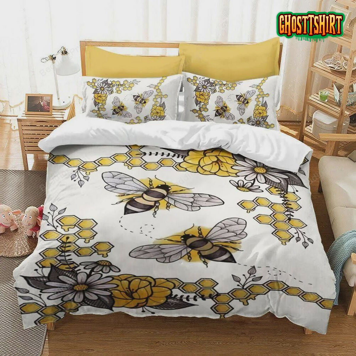 Bee With Flower Bed Sheets Duvet Cover Bedding Set