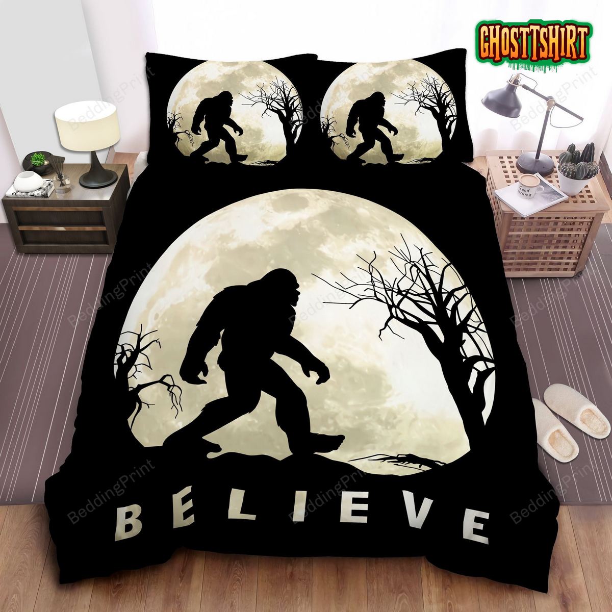Believe Bigfoot Full Moon Bed Sheets Duvet Cover Bedding Set