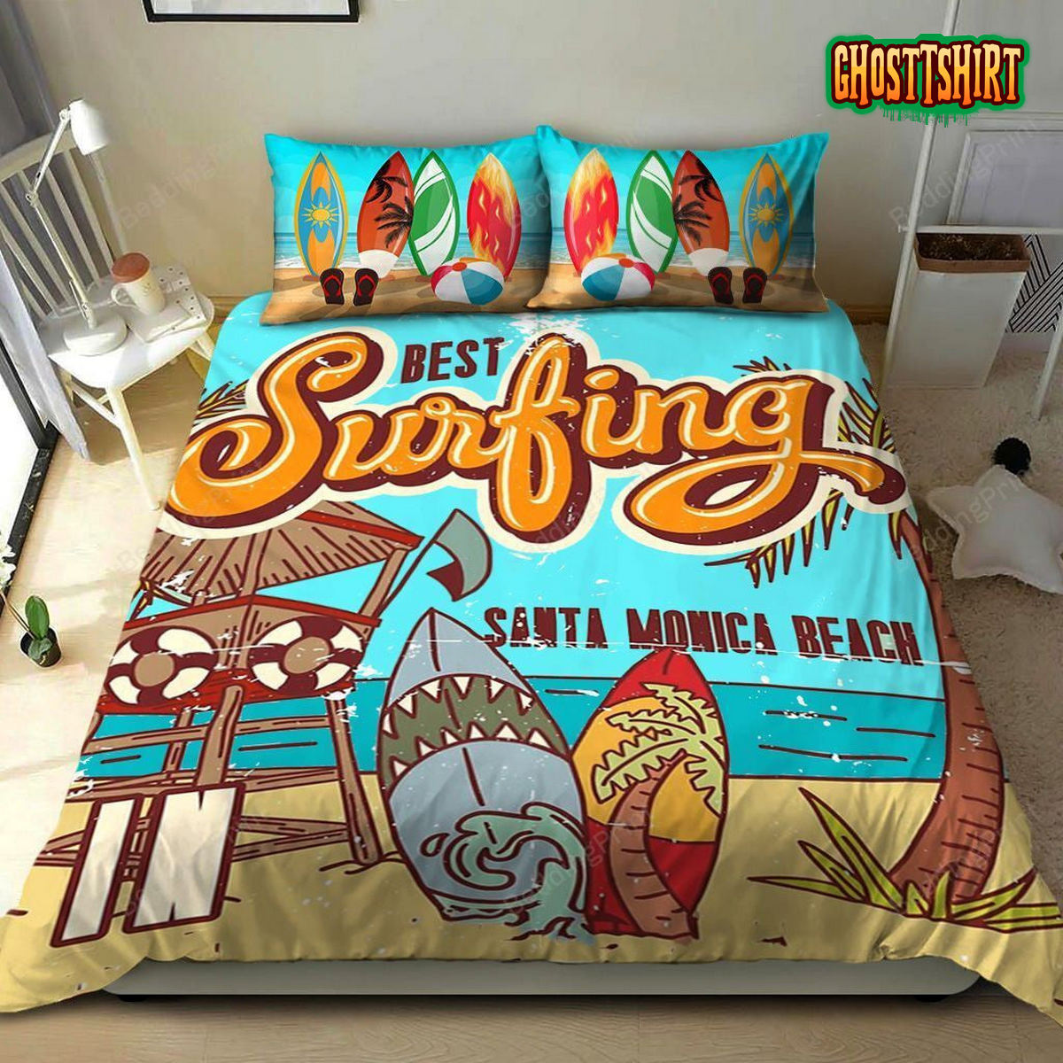 Best Surfing Santa Monica Beach Bed Sheets Duvet Cover Bedding Set