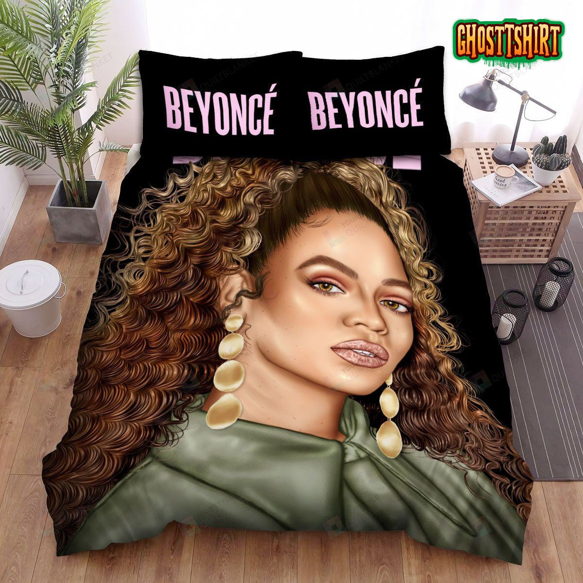 Beyonc With Her Curly Hair Digital Portrait Bed Sheets Duvet Cover Bedding Set