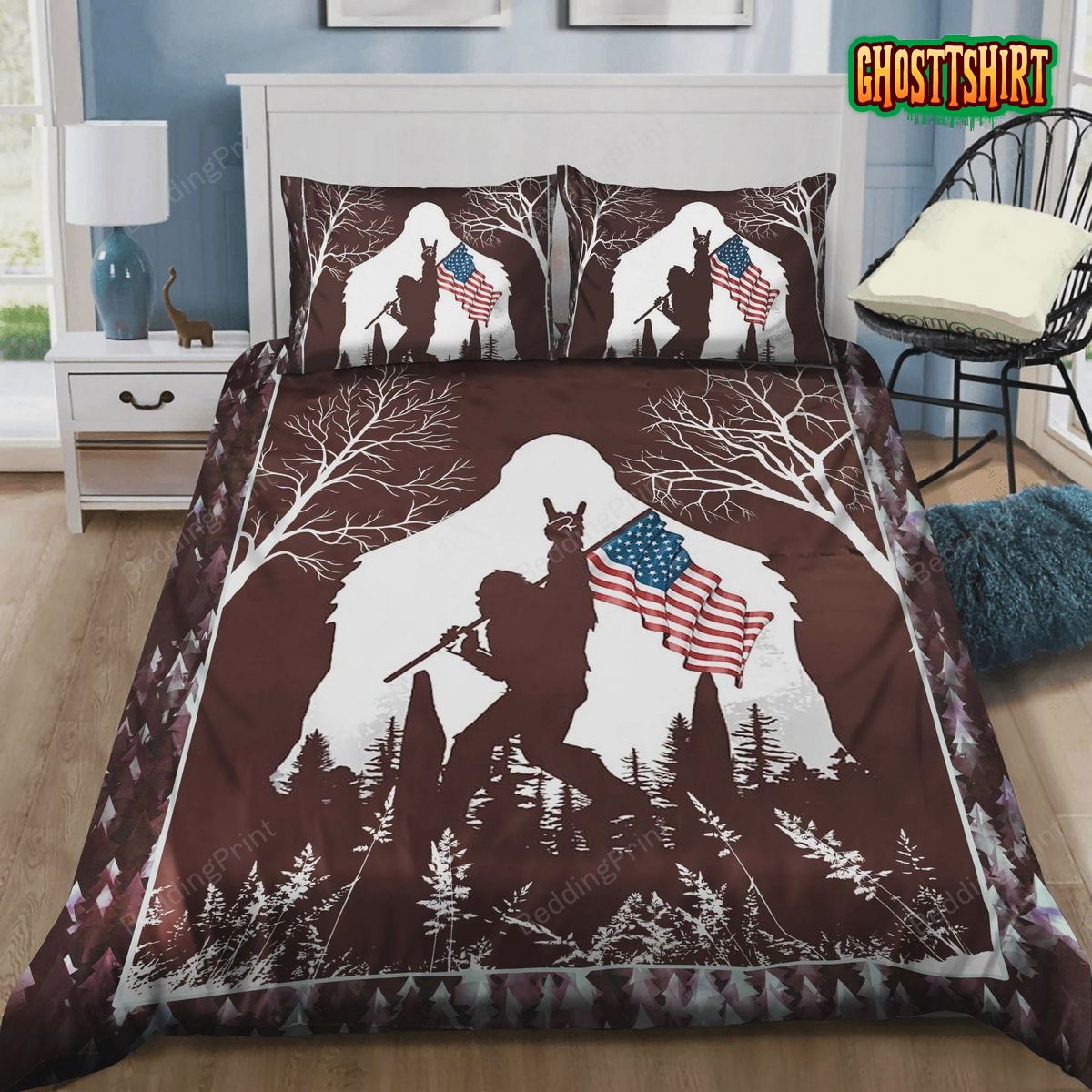 Bigfoot Rock And Roll Usa Flag In The Forest Bed Sheets Duvet Cover Bedding Set