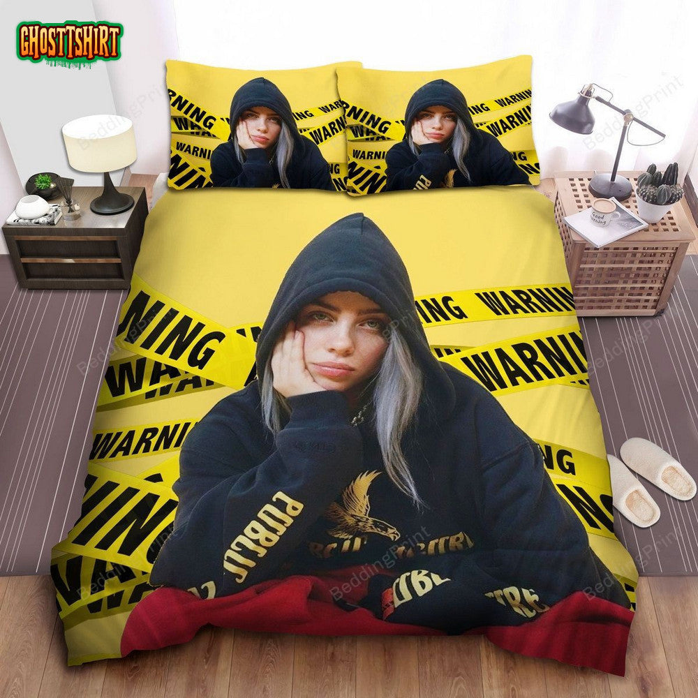 Billie Eilish In Warning Lines Background Photograph Bed Sheets Duvet Cover Bedding Set