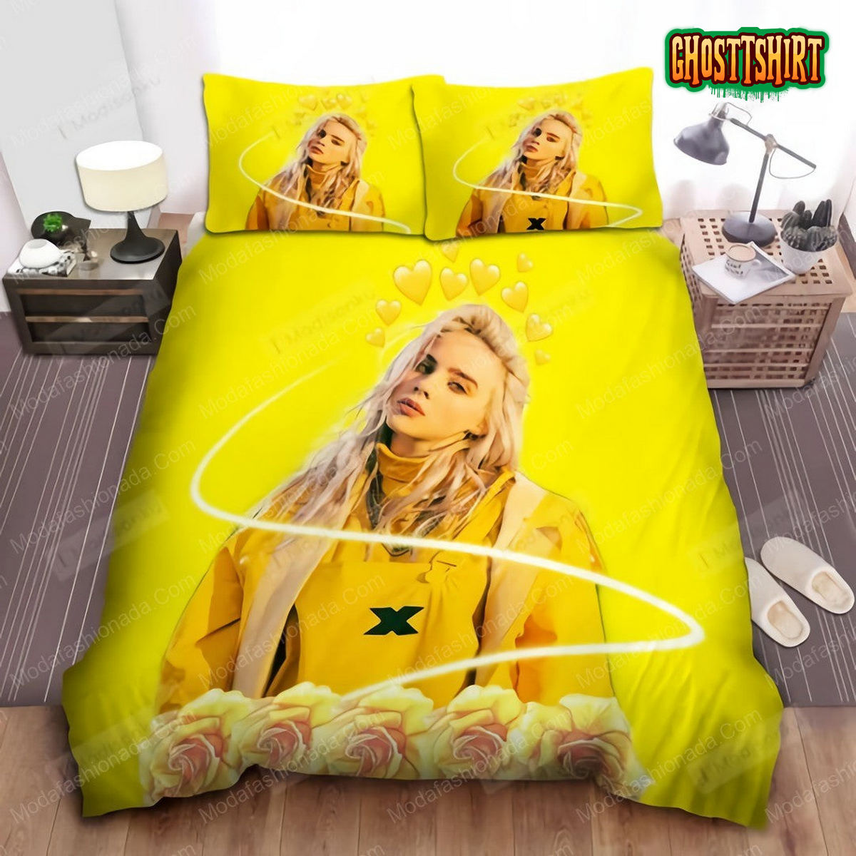 Billie Eilish Photograph In Yellow Theme With Yellow Heart Emojis 27 Bedding Set
