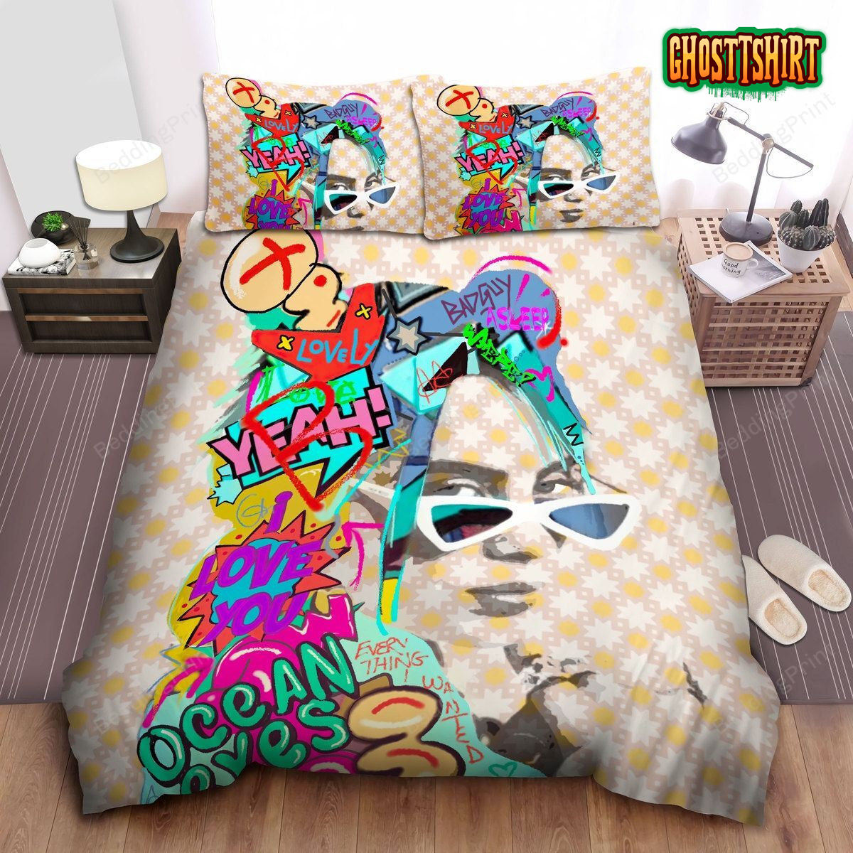 Billie Eilish Portrait In Pop Artwork Bed Sheets Duvet Cover Bedding Set