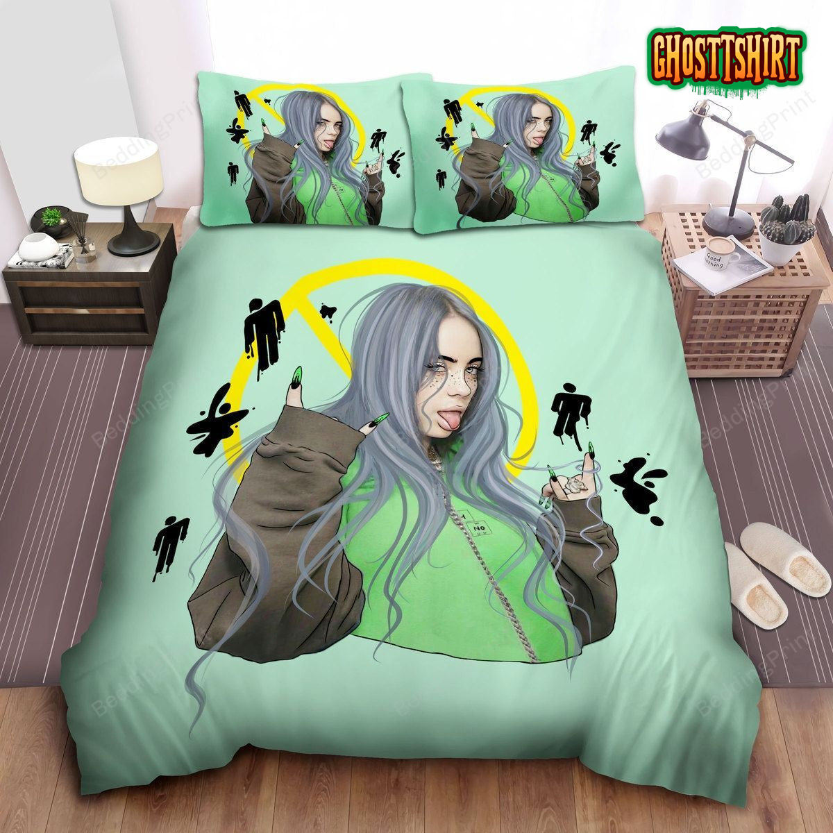 Billie Eilish Rock On Hand Sign Digital Art Bed Sheets Duvet Cover Bedding Set