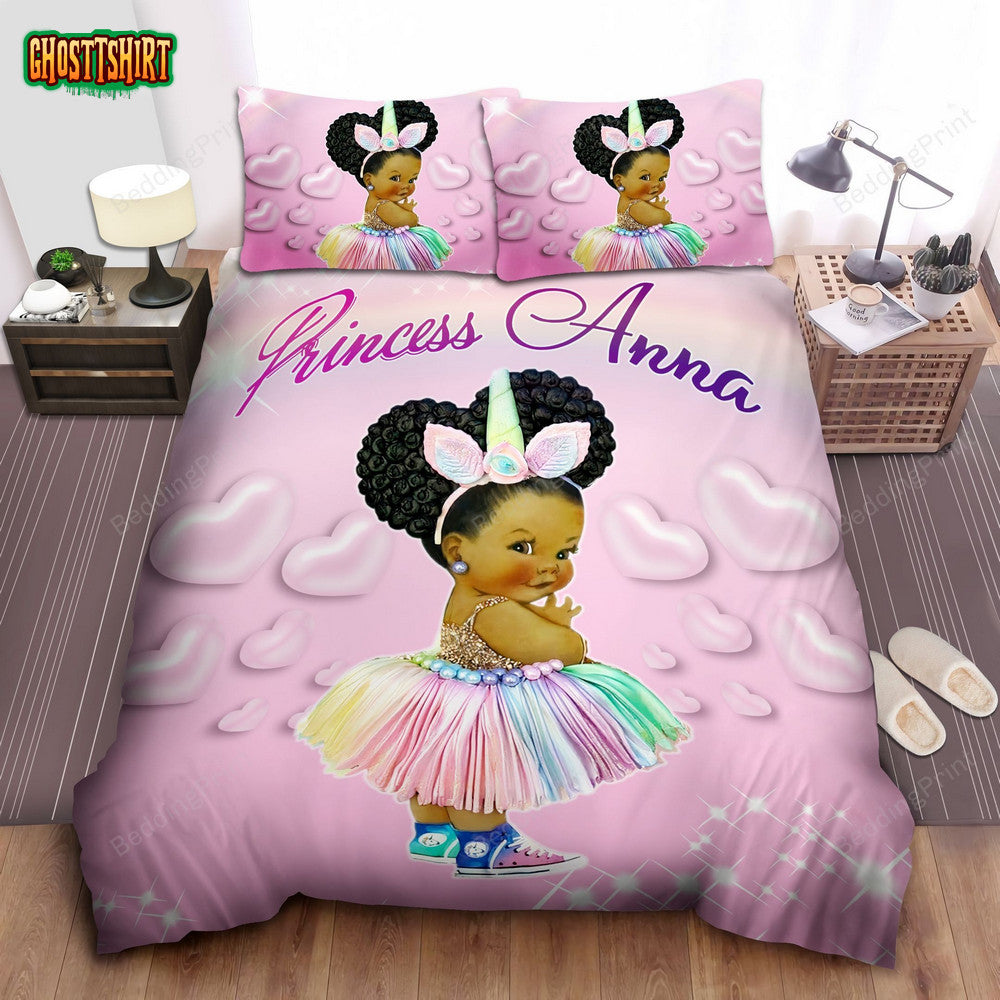 Black Baby Girl Unicorn So Cute Custom Name Duvet Cover Bedding Set