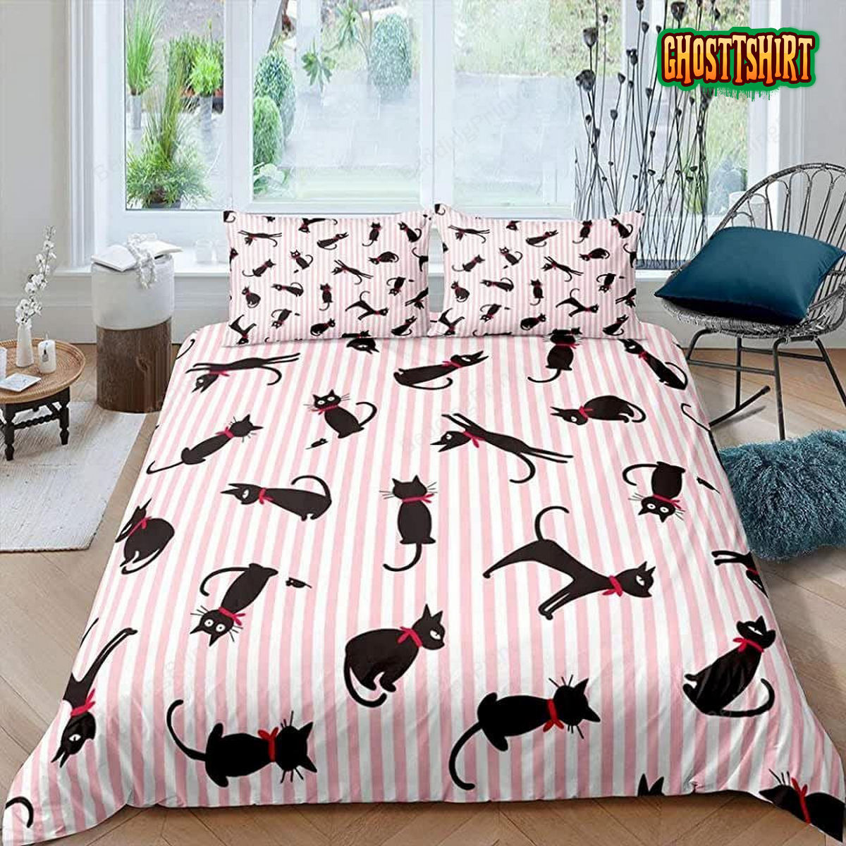 Black Cat Cute Pink Stripes Bedding Set